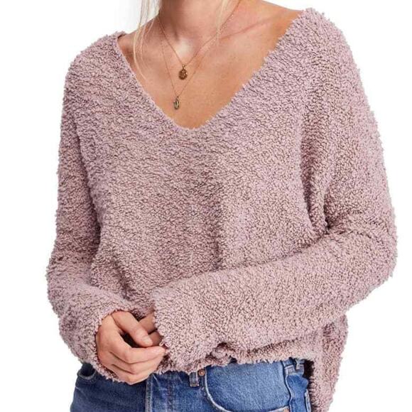 Free People Popcorn Pullover lavender mauve knit v neck sweater medium oversize - Picture 1 of 13
